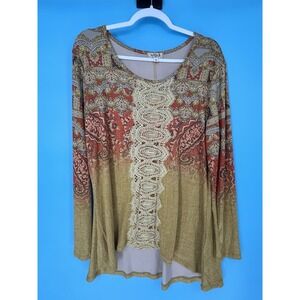 One World Mustard Yellow Paisley Lace Accent Long Sleeve Tunic Top Women's L
